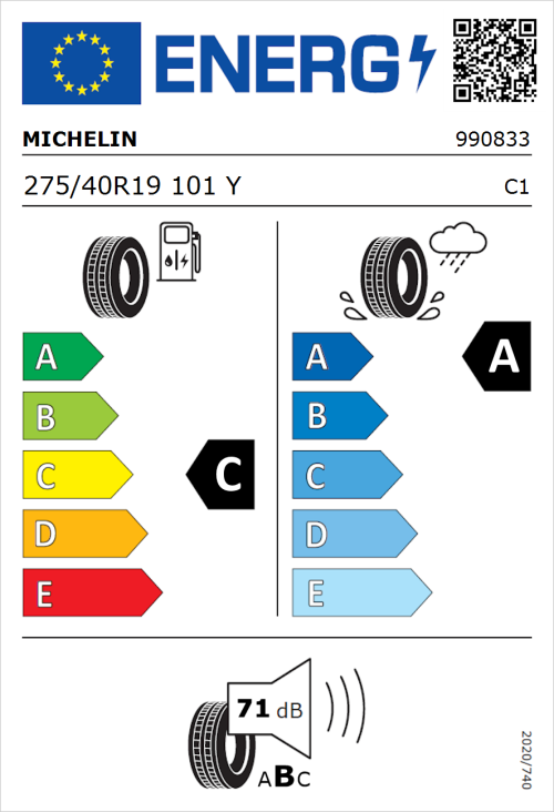 Tyre Label for Michelin Pilot Sport 3 275/40R19 101Y