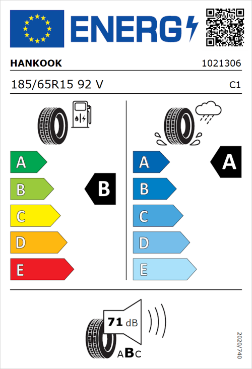 Tyre Label for Hankook Ventus Prime 3 K125 185/65R15 92V