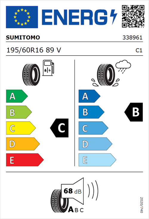Tyre Label for Sumitomo BC100 195/60R16 89V