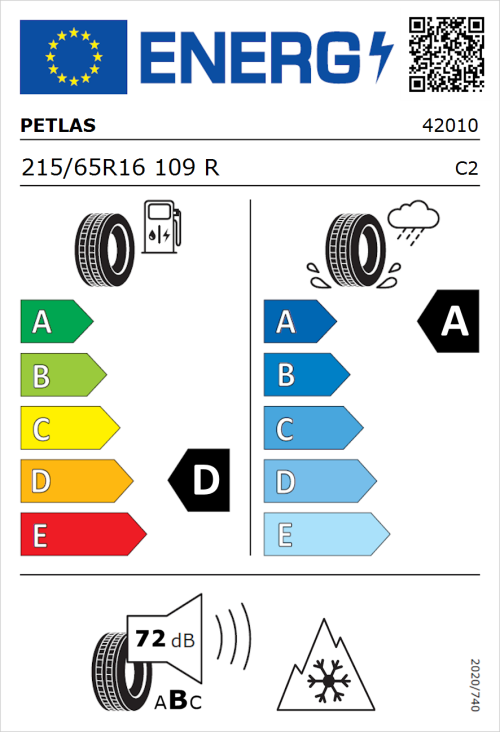 Tyre Label for Petlas Full Grip PT925 215/65R16 109R