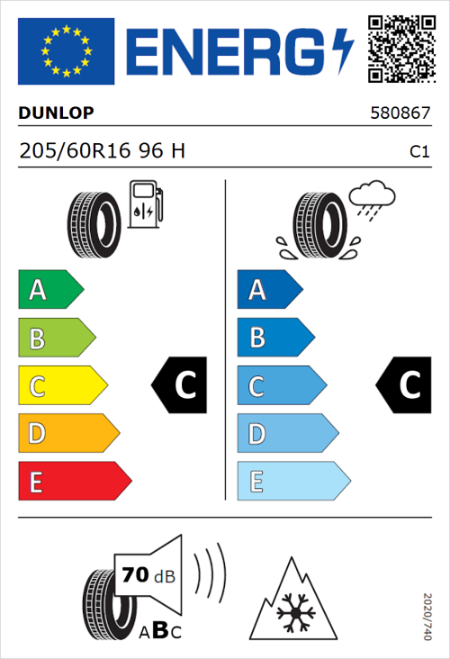 Tyre Label for Dunlop Winter 205/60R16 96H