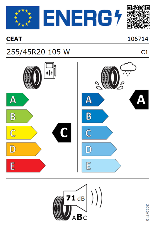 Tyre Label for CEAT SportDrive SUV 255/45R20 105W