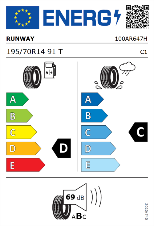Tyre Label for Runway Enduro 726 195/70R14 91T