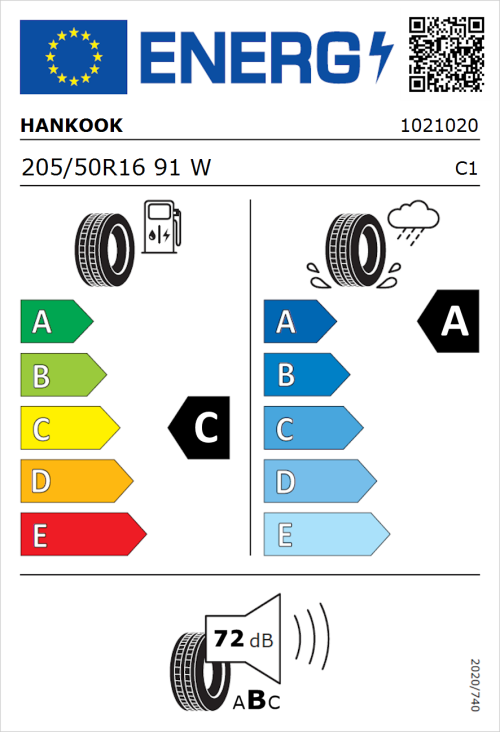 Tyre Label for Hankook Ventus Prime 3 K125 205/50R16 91W